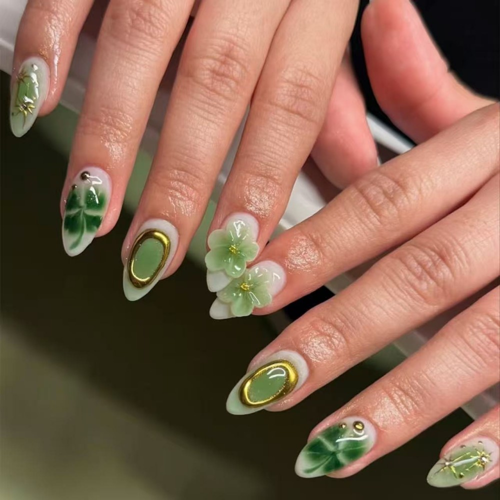 Resin Art Flower - 24 stuks luxe smaragdgroene bloemen opzetnagels