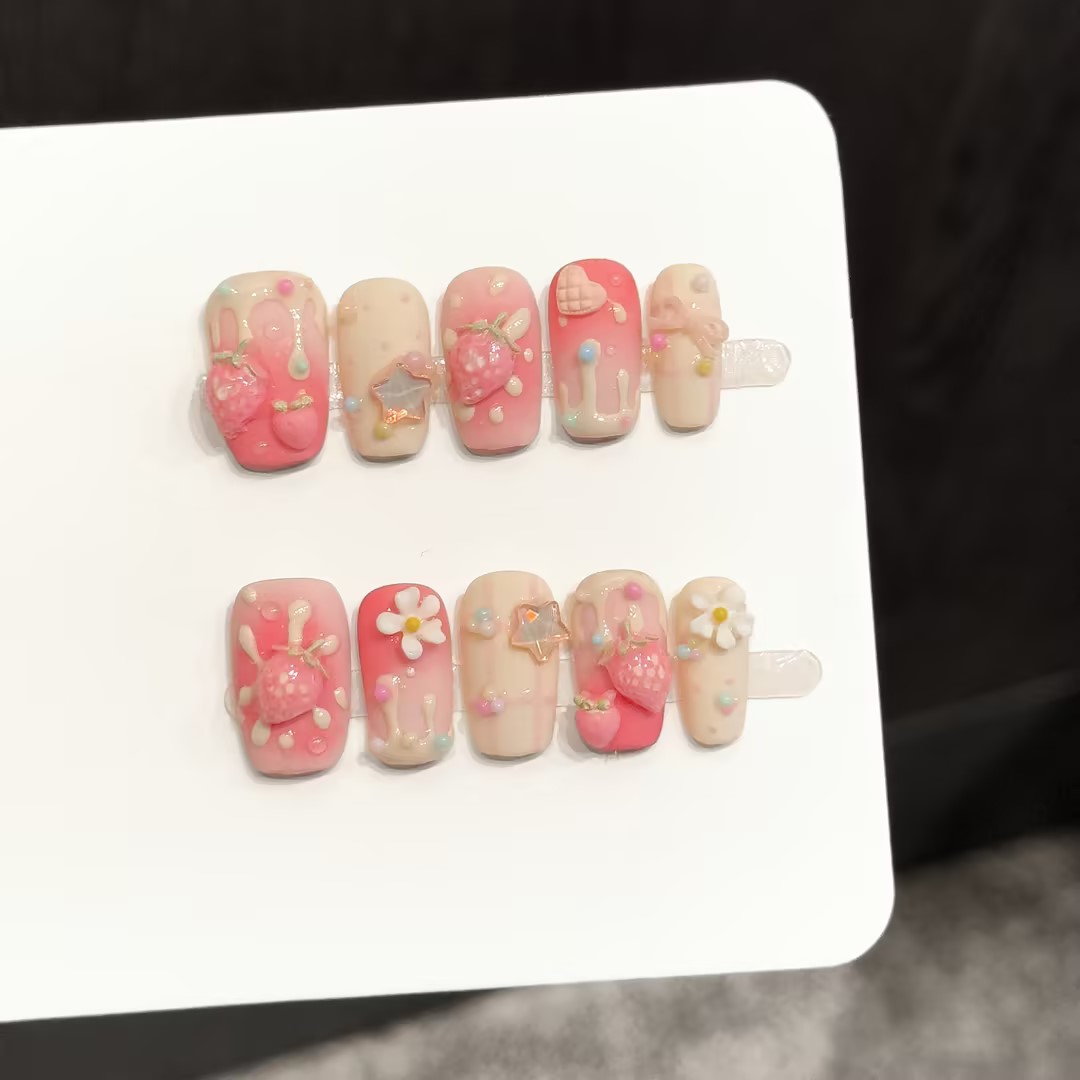 Resin Art Flower - 10 stuks vierkante handgemaakte opzetnagels, 3D