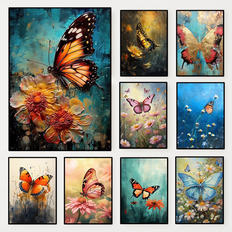 Resin Art With Flowers - Bloemenvlinderposter Kleurrijk insectenbloemenlandschap Minimalistische muurkunstprint Diamantschilderijposters