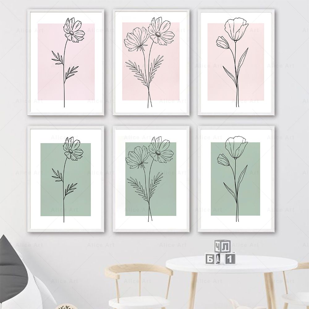 Resin Art With Flowers - Botanische lijntekeningen bloemen roze groene diamant
